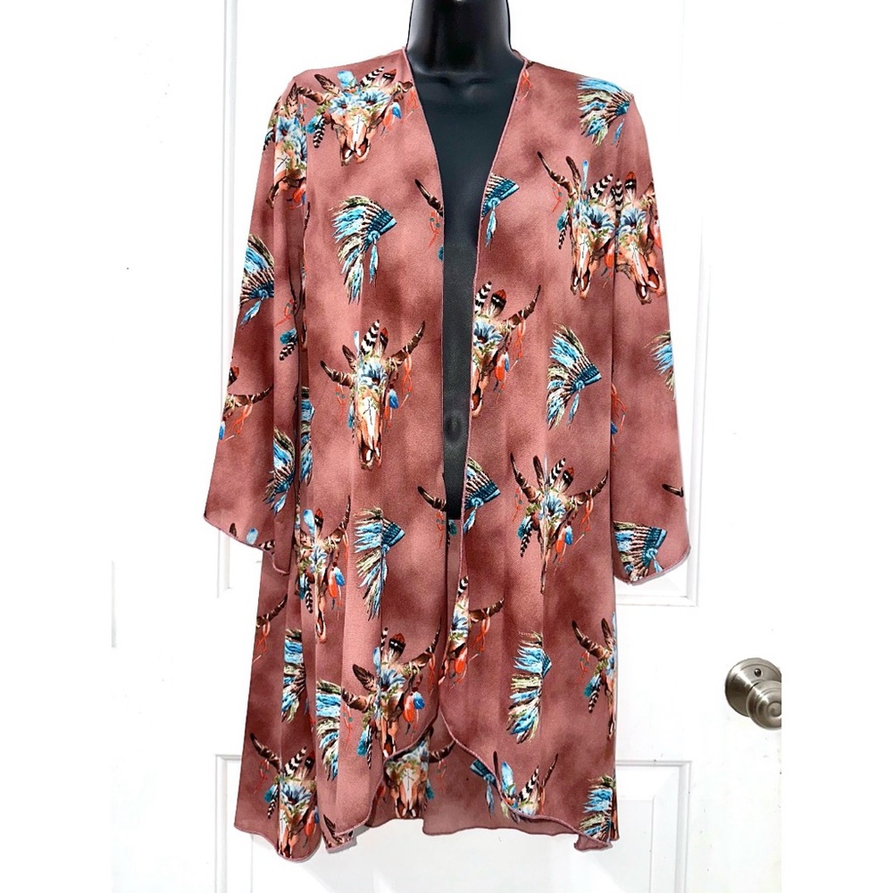 L&B rust-colored kimono cardigan featuring a western-themed print of cow skulls